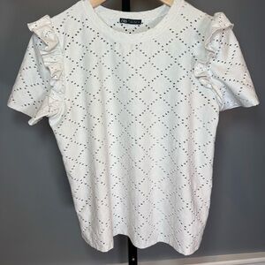 Zara White Eyelet Blouse with Ruffle Sleeves‎